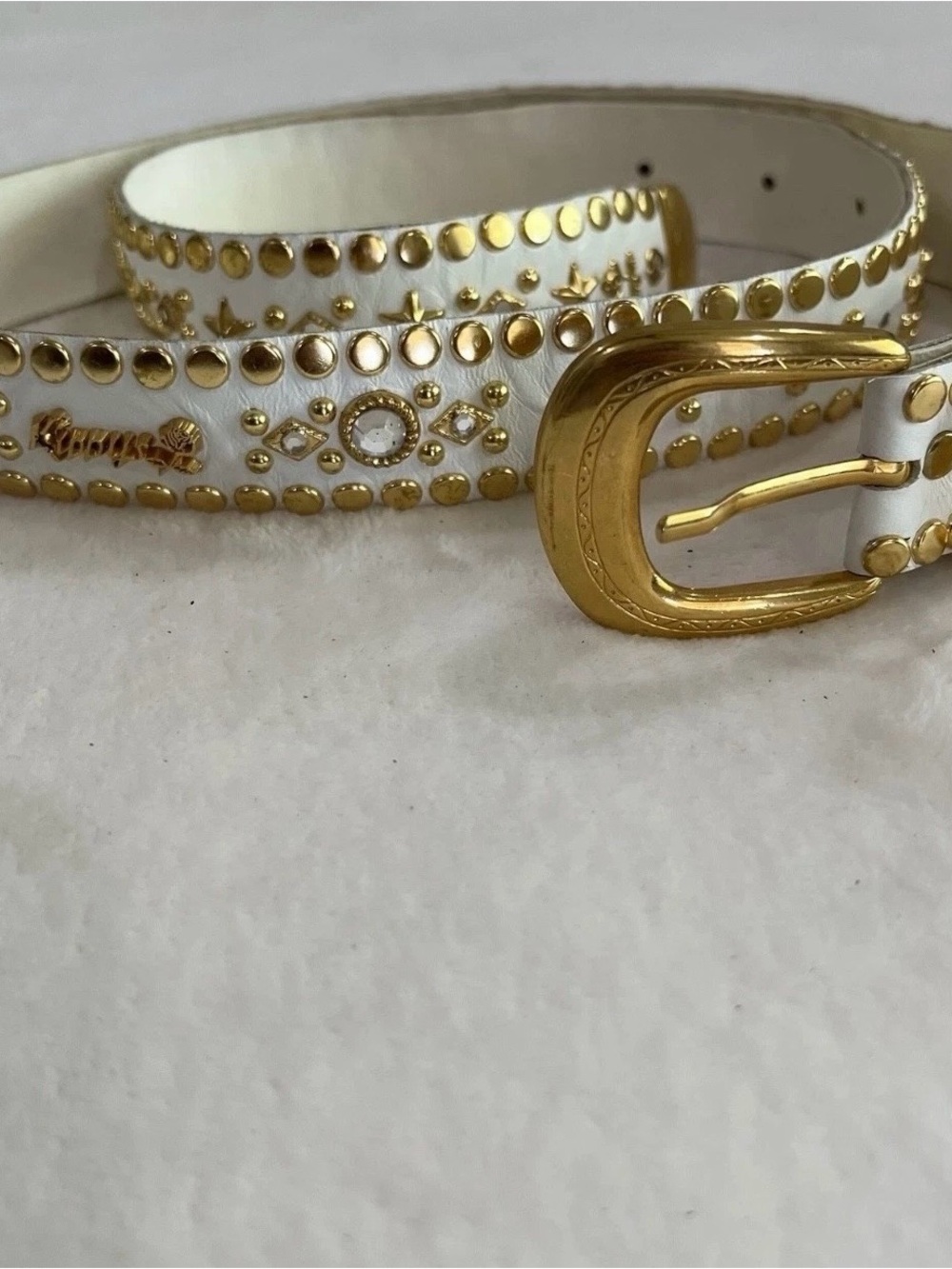 Vintage Kippys Swarovski Crystals Gold Stars Moons Studs White Belt 42" Italy
